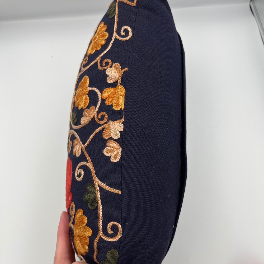 Boho Embroidered Pillow Navy Blue Floral Tassel Accent Decorative Accent Pillow - Picture 7 of 10